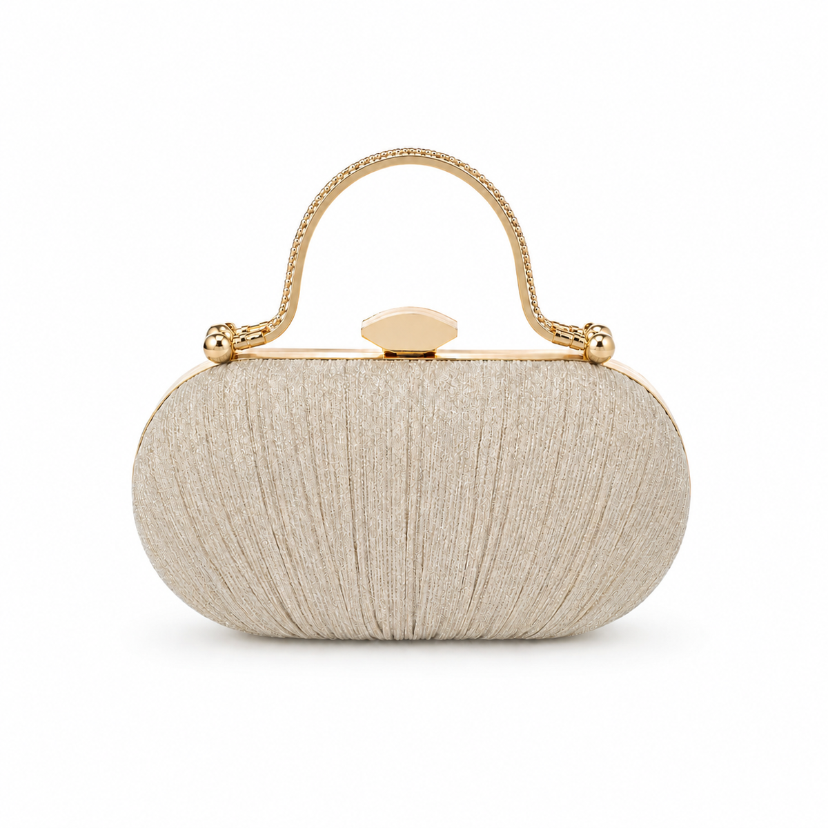 Champagne Gold Pleated Clutch with Crystal Handle