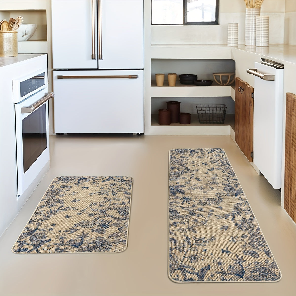 Flower Bird Leaves Kitchen Mats, Home Decor Low-Profile Kitchen Rugs For Floor - 17x29 Inches And 17x47 Inches