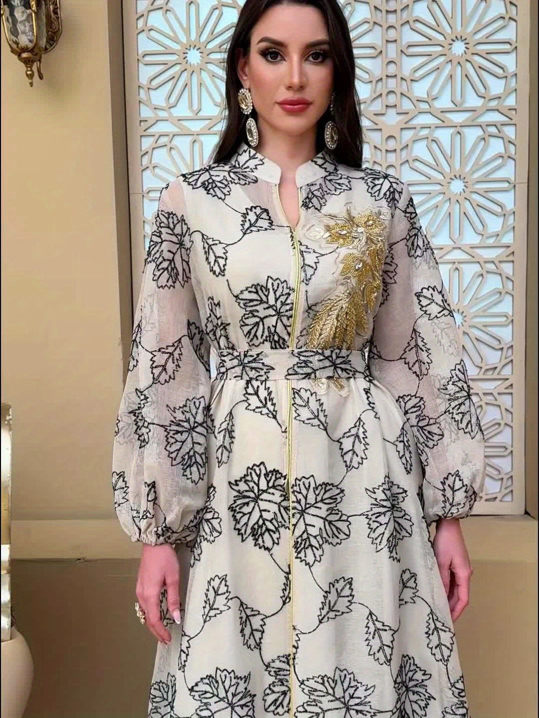 Dubai Floral Embroidery Belted Dress Belt included Lantern Sleeve Maxi Abaya Luxury Woman Evening Dresses Modern Kaftan 2025