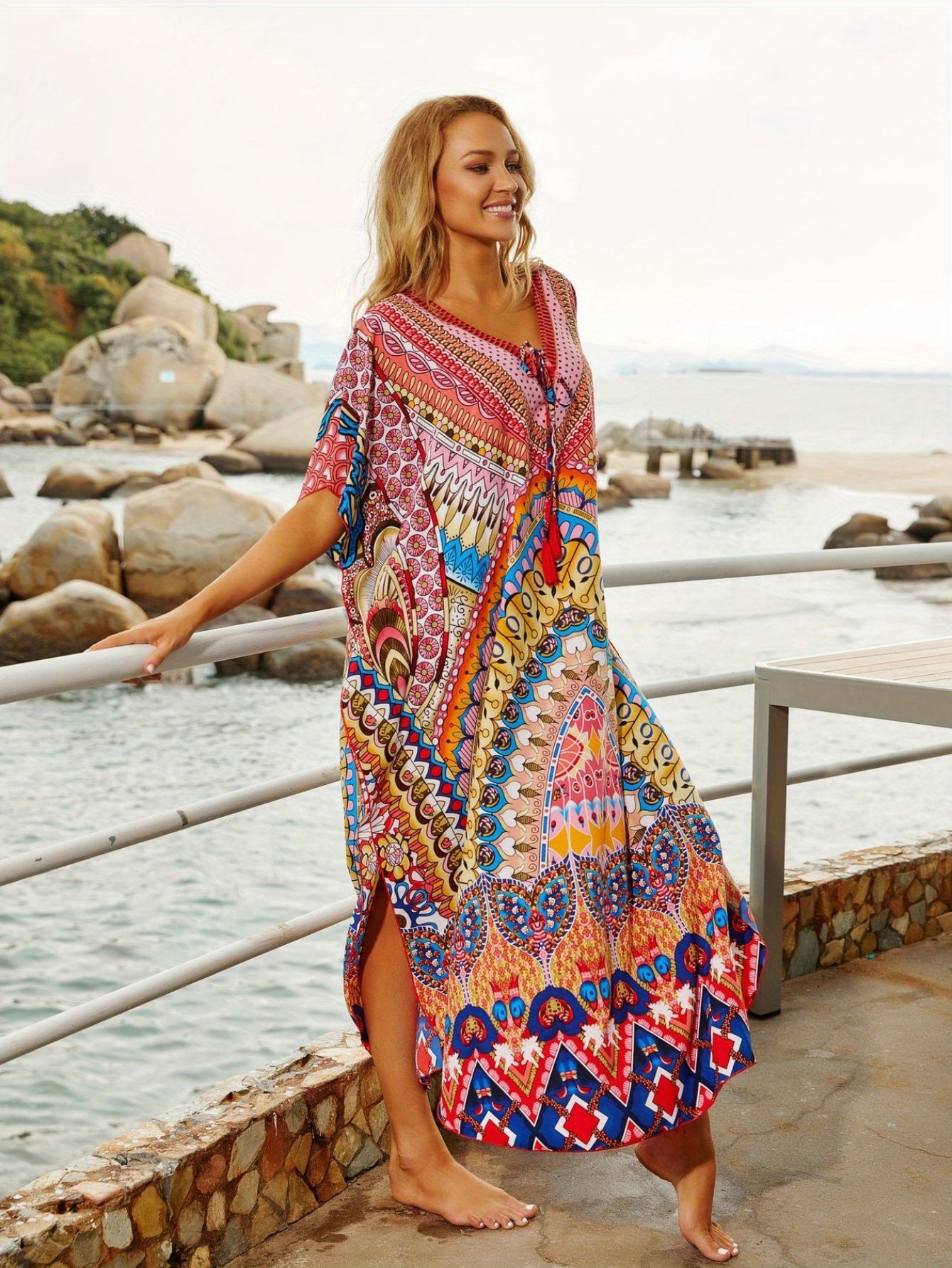 Plus Size, Plus Size Beach Cover Up Maxi Dress - Quick-Dry Sun Protective Swimsuit Kaftan with Side Slits, Lightweight Loose Fit Vacation Dress for Pool Party & Tropical Resort