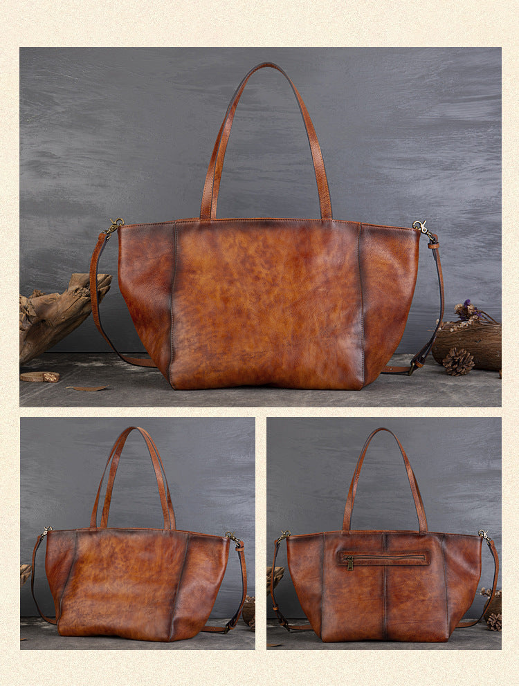 Tanned Cowhide Large Capacity Tote Bag, Genuine Leather One-Shoulder Cross-Span Bag Women's Large Bag Shopping Bag