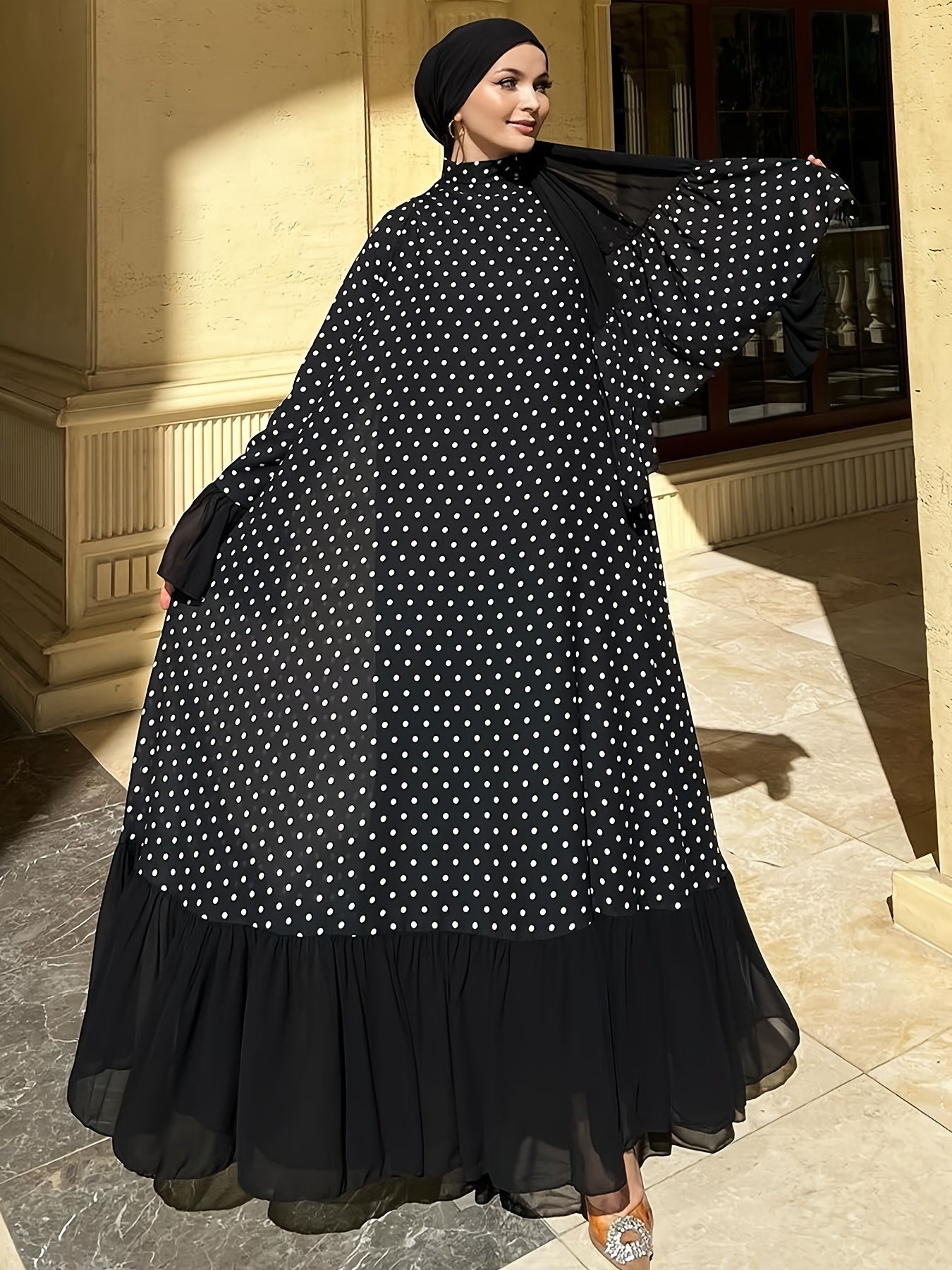 Middle Eastern Inspired Baju Abaya Dress With Polyester And Spandex, Dot Pattern, Machine Washable, All-Season