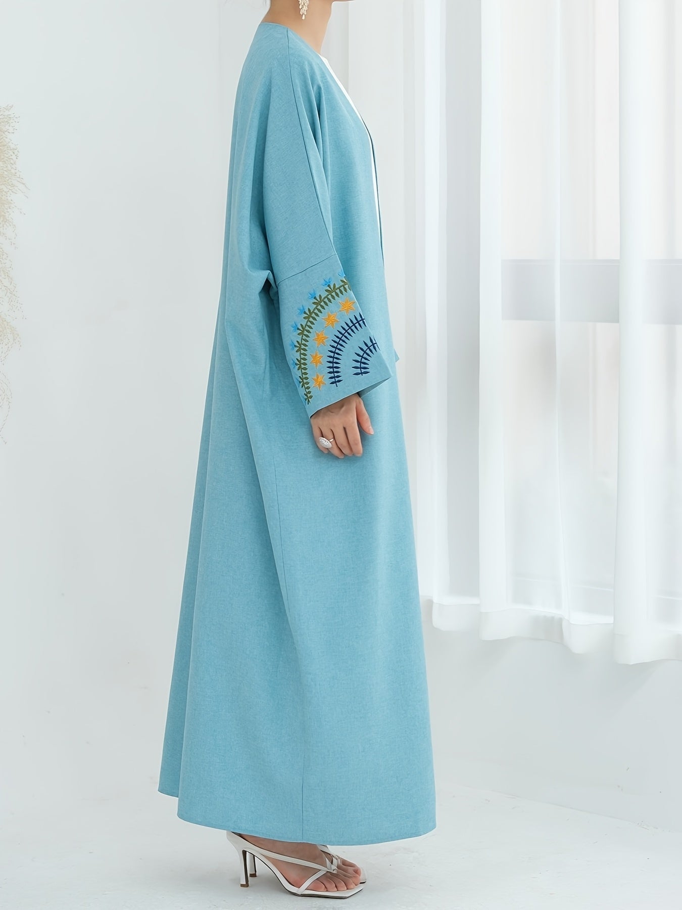 Elegant Beige Kimono Abaya - Open Front Linen-Look Polyester Dress for Women, Long Sleeve with Contrast Trim, All-Season Islamic Wear (Sizes S to XXL), Modest Clothing