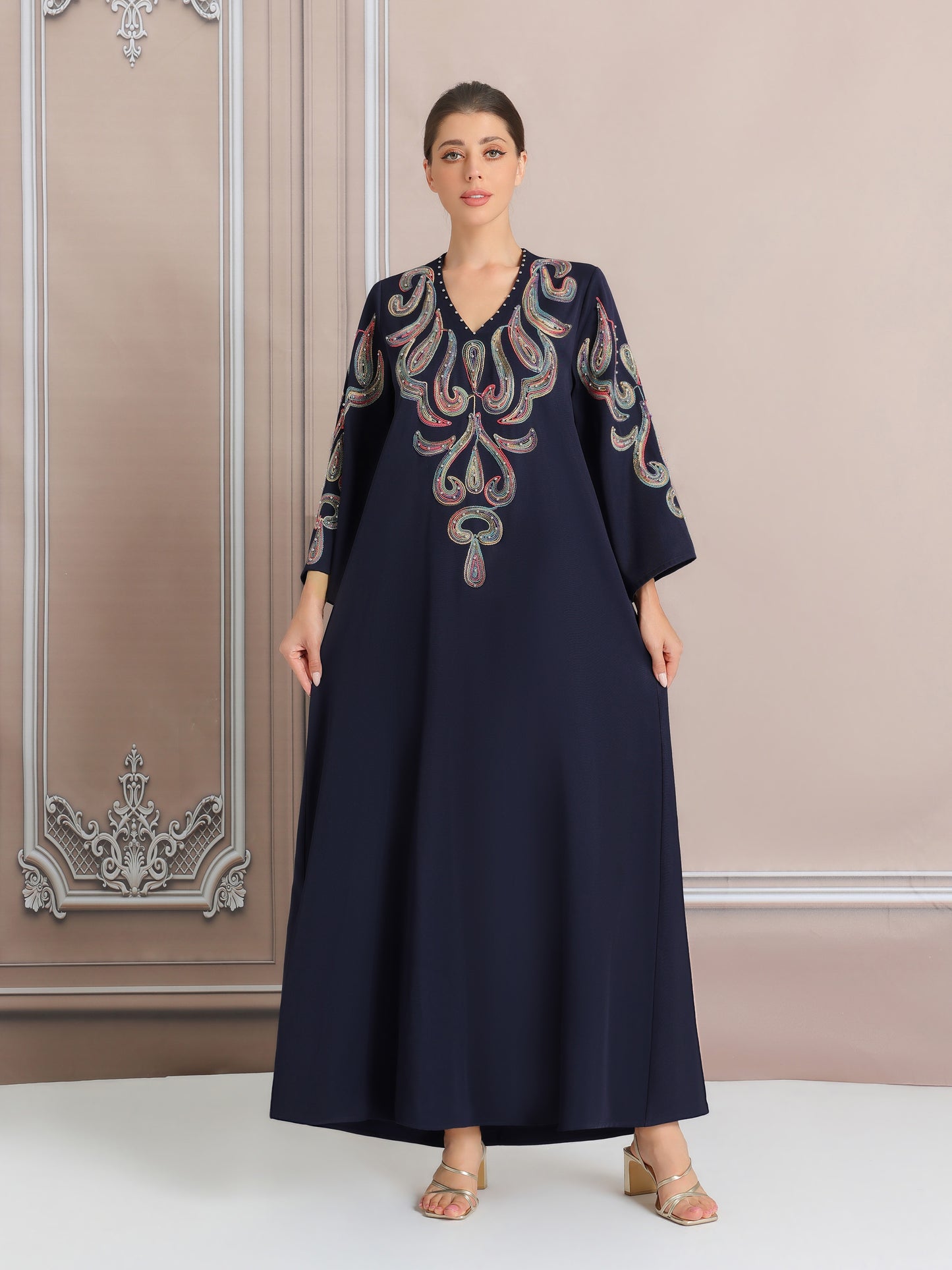 Women's Elegant Embroidered Kaftan Abaya, Long Sleeve Polyester 100% Regular Fit, Solid Color with Pearl Details, All Season Versatile Dress, No Belt, Woven Fabric