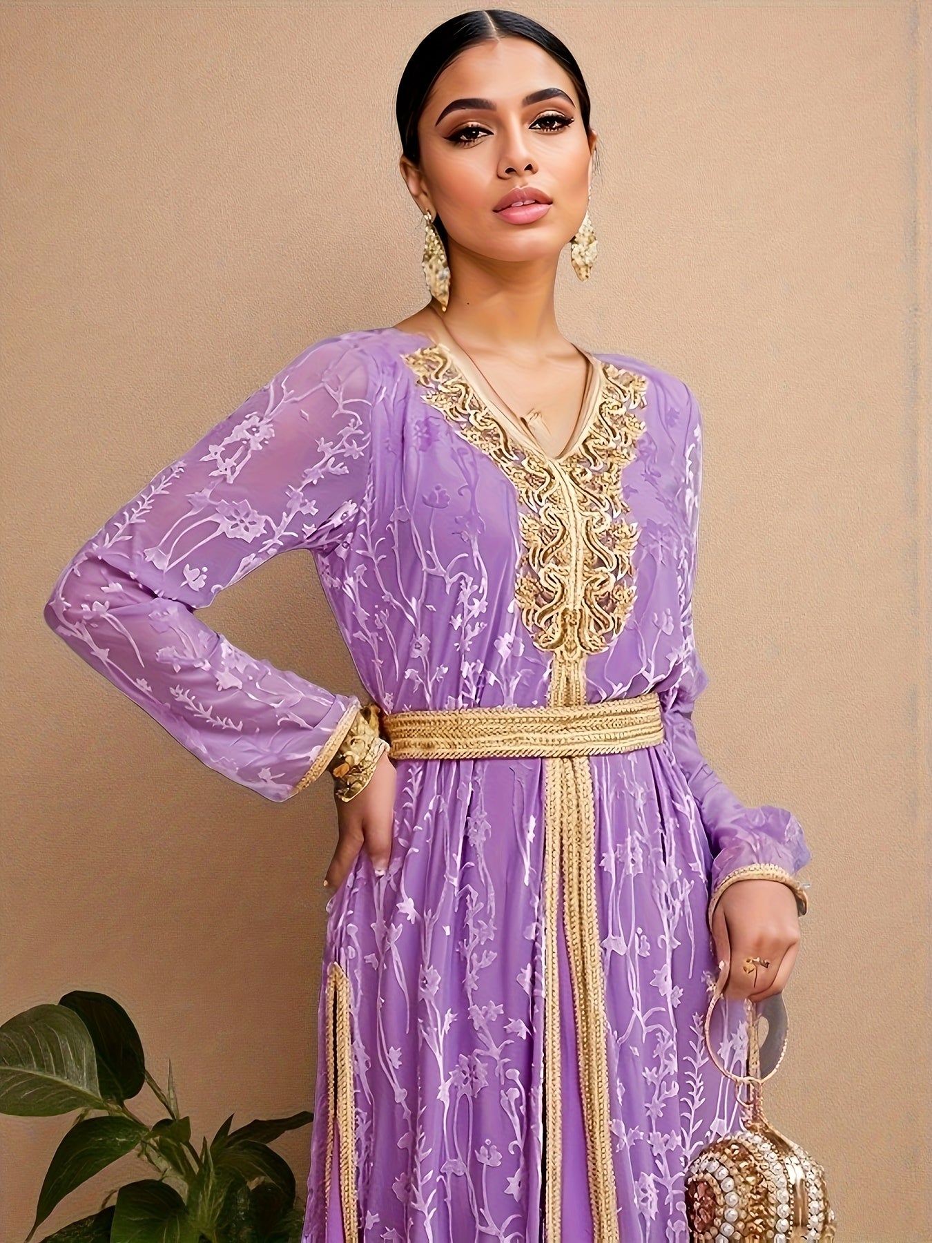 Elegant Women's Emirati Abaya Dress - Long Sleeve, Lace Detailing, Belted Waist, Flowing Design, Solid Purple, Perfect for Spring/Summer Casual Wear, Cultural Fashion, Elegant Attire | Flowing Abaya