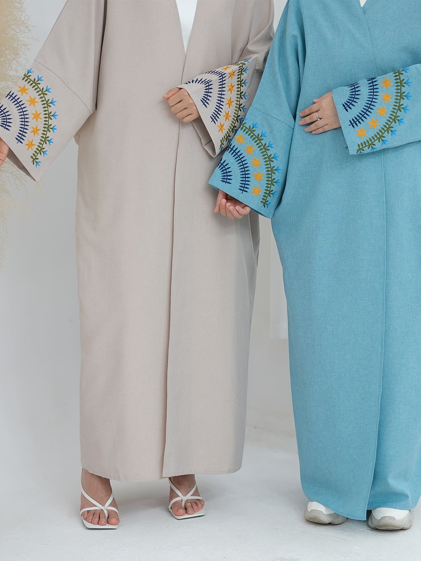 Elegant Beige Kimono Abaya - Open Front Linen-Look Polyester Dress for Women, Long Sleeve with Contrast Trim, All-Season Islamic Wear (Sizes S to XXL), Modest Clothing
