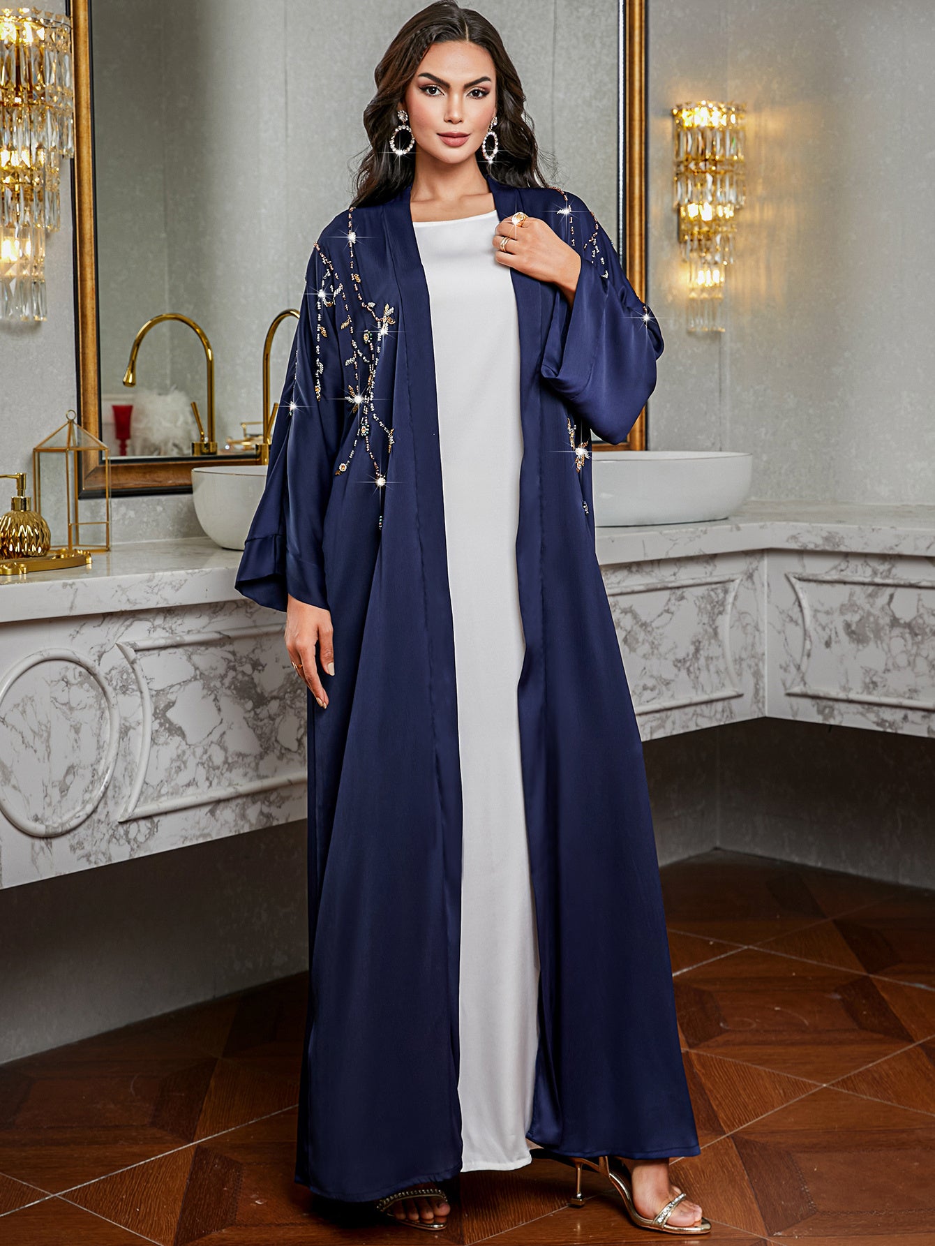 Elegant Green & White Long Tunic Dress with Beaded Detail - Casual Turkish Abaya Style, Long Sleeve, Floor-Length, Perfect for Spring/Summer, Casual Summer Wear | Elegant Long Dress | Texture