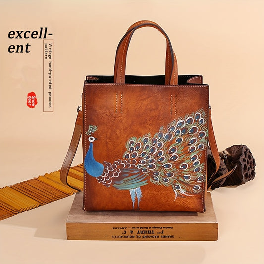 Vintage Hand-painted Peacock, Large Capacity Leather Tote Bag, Single Shoulder Crossbody Bag