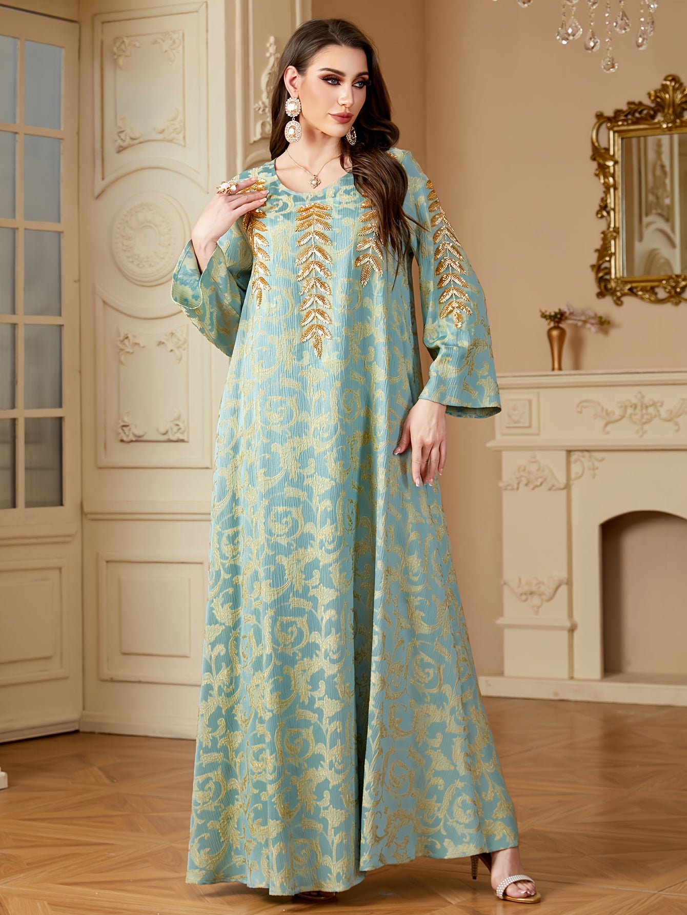 Women's Elegant Middle Eastern-Inspired A-Line Baju Abaya with Floral Appliqué & Beaded Embellishments - Long Sleeve Floor-Length Loose Fit Machine Washable All-Season Casual to Formal Wear