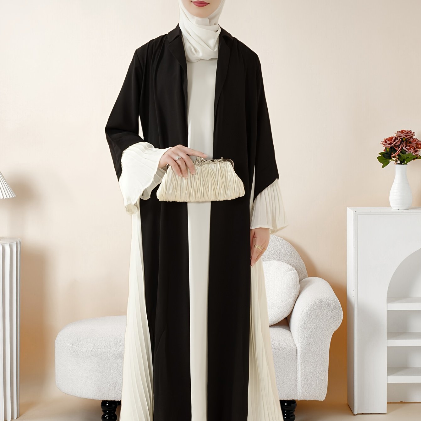 Elegant Black and White Contrast Pleated Open Front Abaya, Summer Lightweight H-Line Silhouette, Breathable Non-Stretch Fabric, Regular Sleeve Design for Women, Cultural & Formal Wear