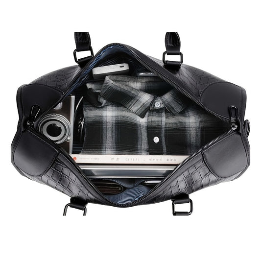 Premium Genuine Leather Weekender Duffle Bag - Adjustable Shoulder Strap, Multiple Compartments & Crocodile-Textured Design