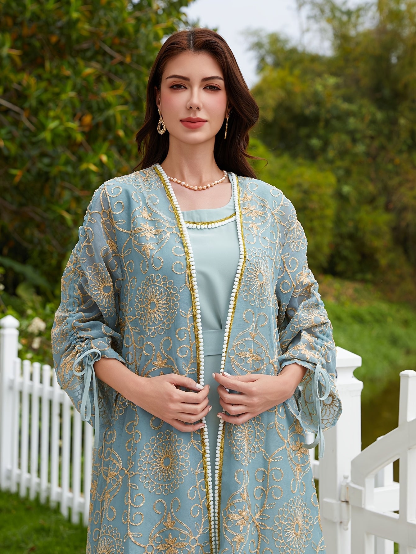 2pcs embroidered gray-blue Turkish elegant festive abaya set