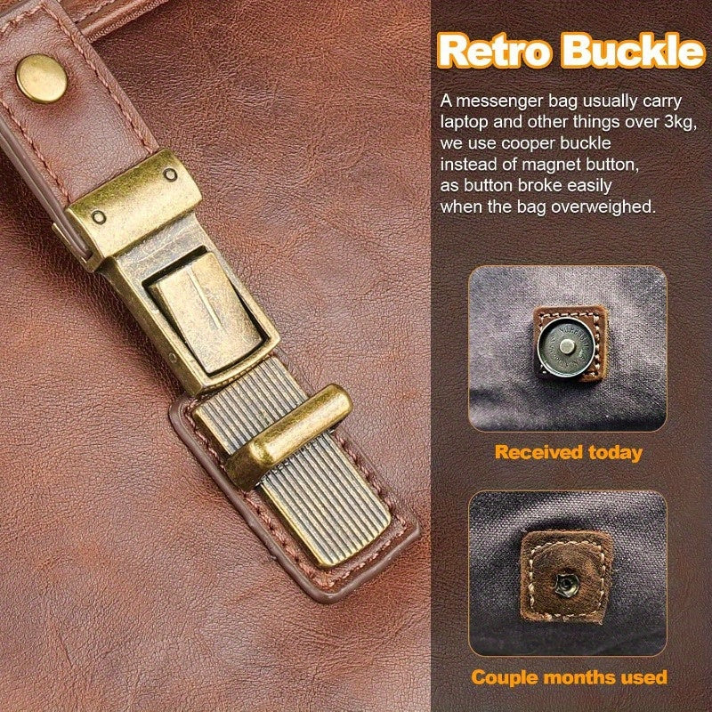 Men's 17 Inch High Quality Leather Laptop Messenger Bag - Retro Vintage Style with Multiple Compartments, Adjustable Shoulder Strap & Metal Hardware, Durable Satchel for Office