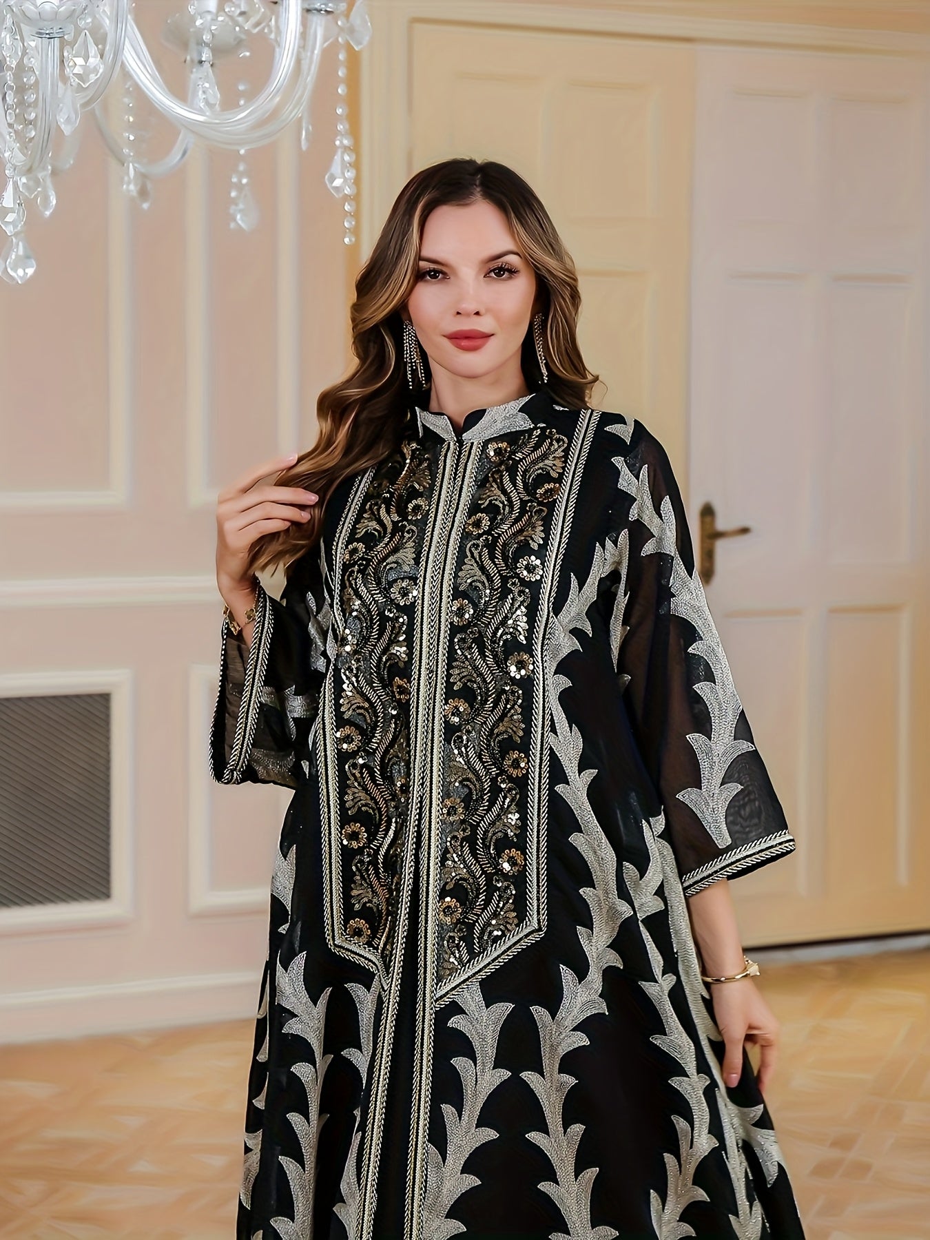 New Sequin Abaya Dress, Middle Eastern High-end Elegant Pure Muslim Two-piece Set, Fashionable and Comfortable Design, Suitable for Daily Wear, INS Middle Muslim Embroidered Long Robe Abaya Light Luxury Evening Dress Two-piece Set