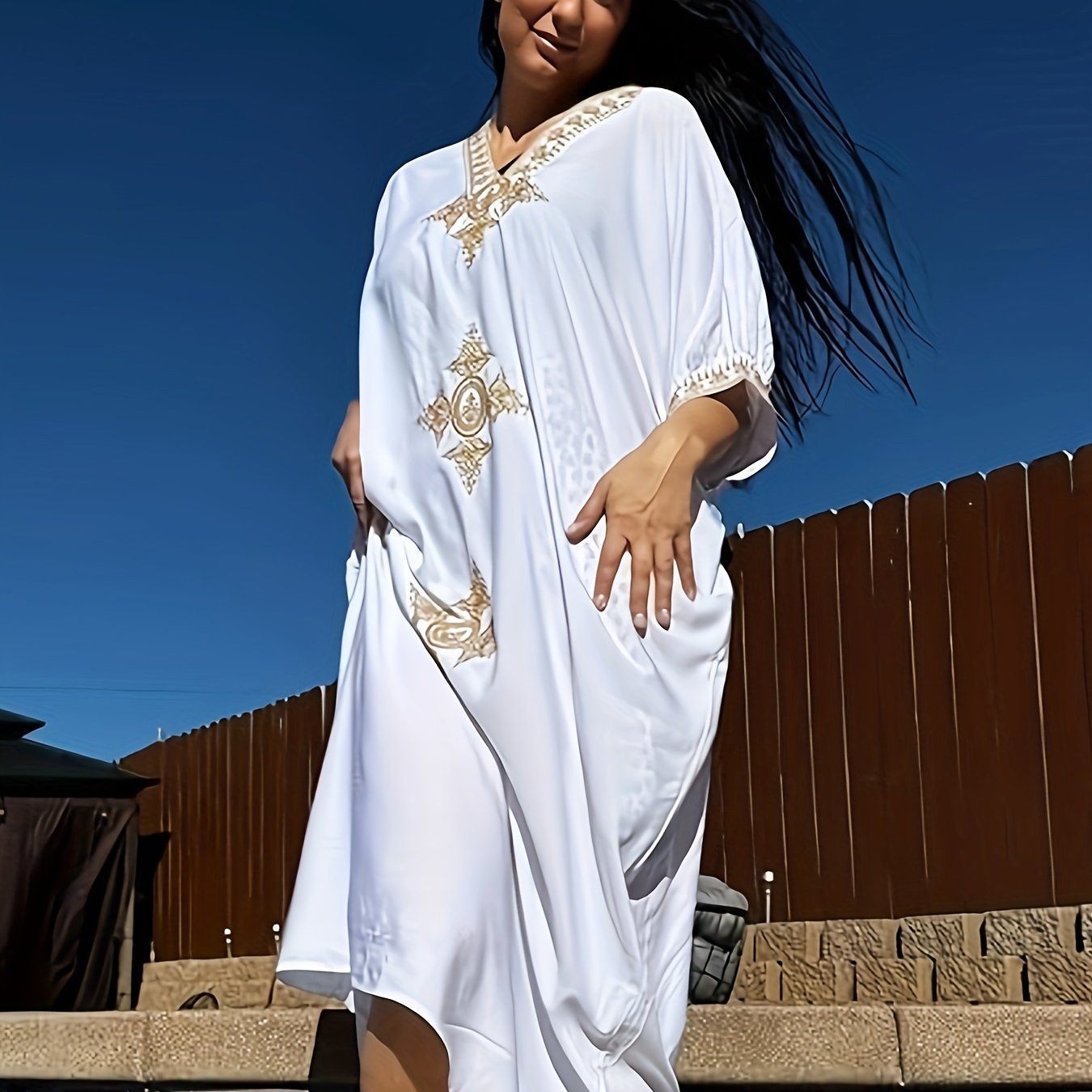 Gold Embroidery Long Kaftan Dresses V Neck Caftan Dress Beach Cover Ups