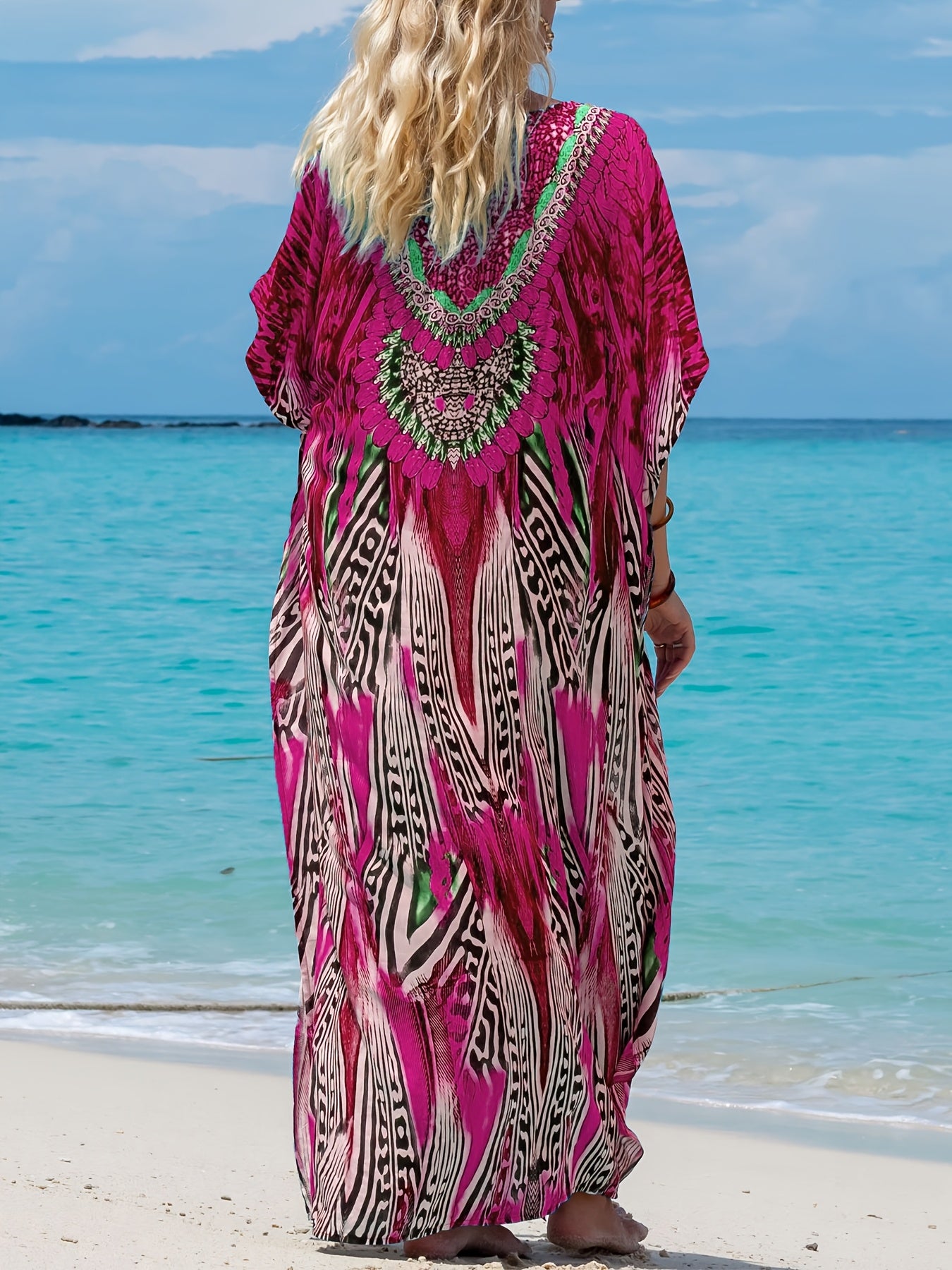 Elegant V-neck Batwing Sleeve Kaftan Abaya - Graphic Print, Maxi Length, Flowy Fit - Perfect for Ramadan and Special Occasions