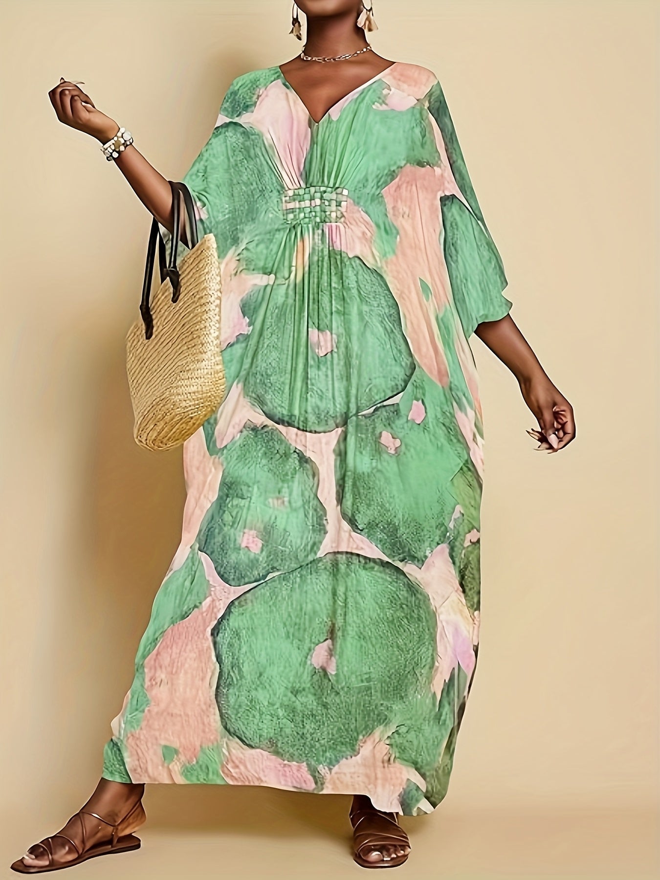 Plus Size - Plus Size Kaftan Dresses For Women V Neck Swimsuit Coverup Floral Print Kaftan Maxi Beach Dress Brown