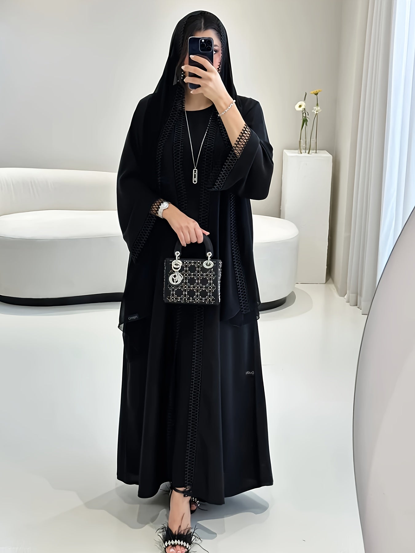 Women's Lightweight Breathable Black Abaya - Open Front Long Tunic with Golden-Tone Button Details, Casual Middle Eastern Dress for All Seasons, No Headscarf or Underwear Included