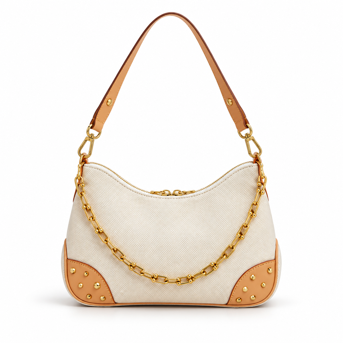 Cream Textured Shoulder Bag With Chain