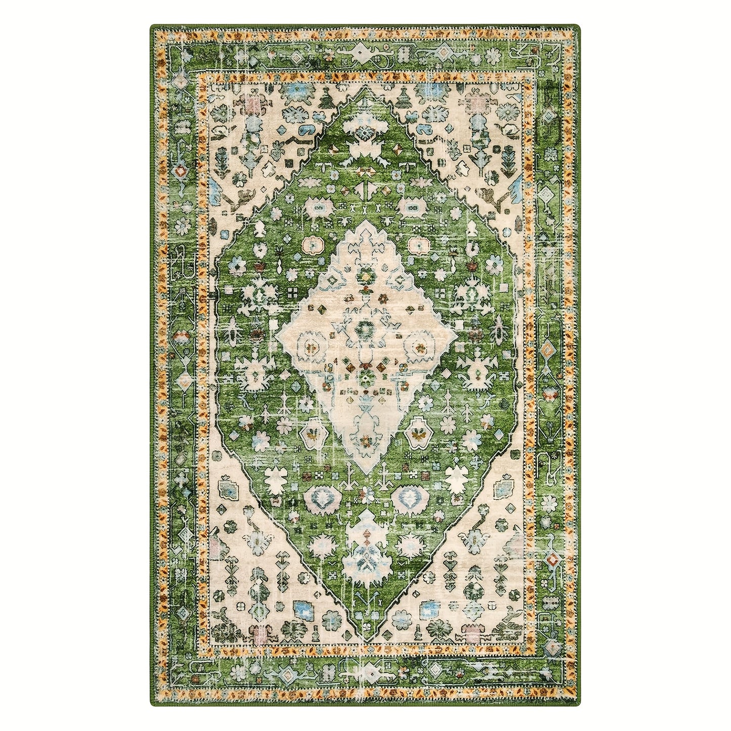 Boho Tribal Area Mat - Distressed Green Machine Washable & Non-Slip 100% Artificial Fur Mat, Large Sizes up to 2.16m² for Entryway, Bedroom, Living Room, Office - Bohemian Indoor Floor Rugs, Entryway Decor, Large Area Carpet