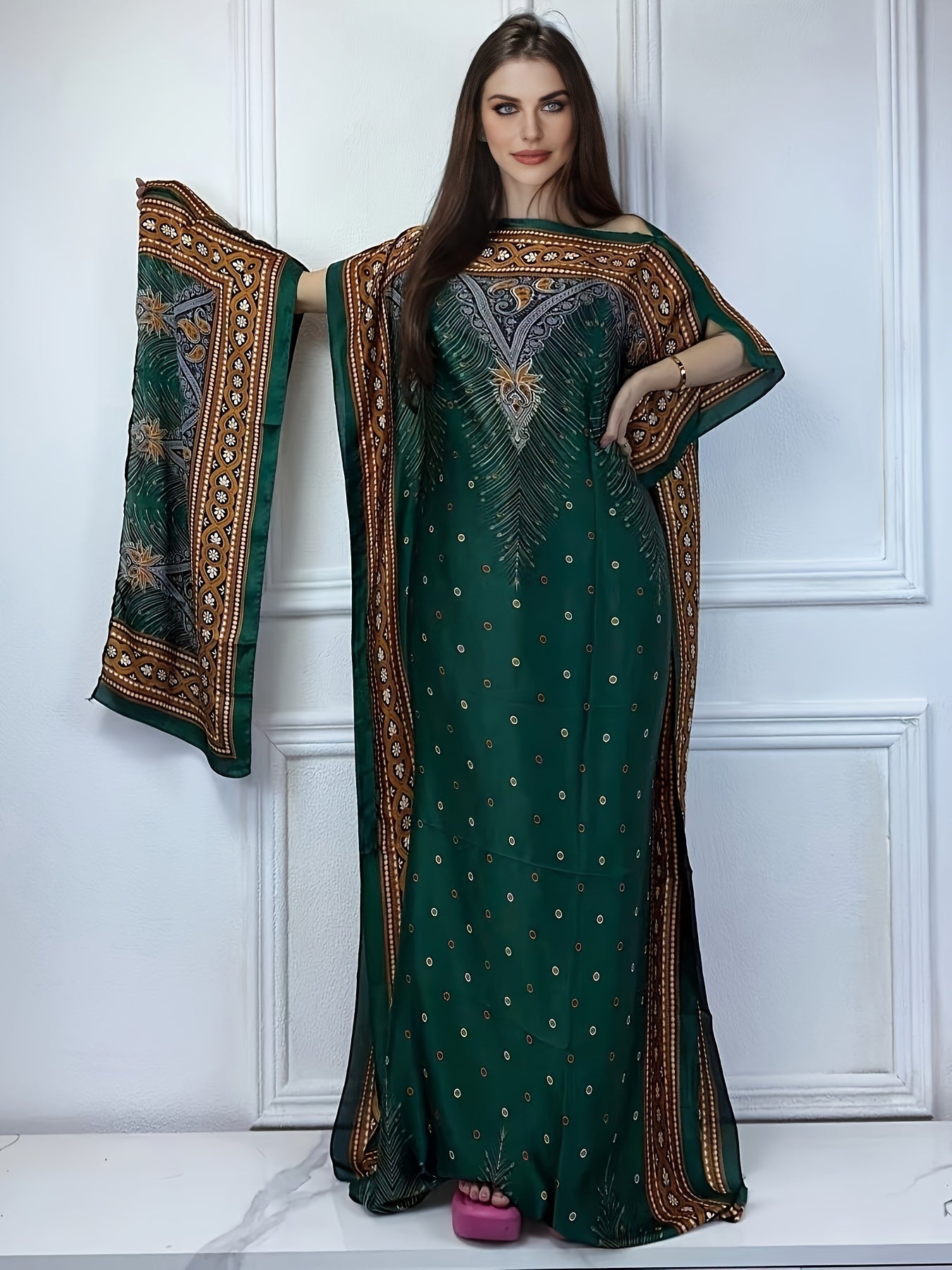 Print Abaya | Women's Clothing | Elegant Short Batwing Sleeve Kaftan | Loose Dress With Scarf | For Spring & Summer