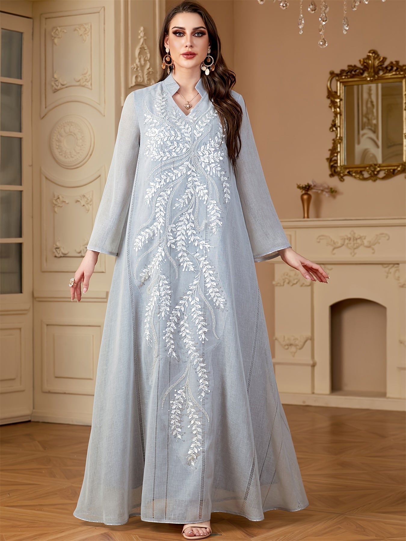 Ramadan Muslim Women's Fashion Beading Emirati Abaya Dubai Notched Stand Collar Dresses Mesh Sleeve Kebaya Casual Loose Clothing
