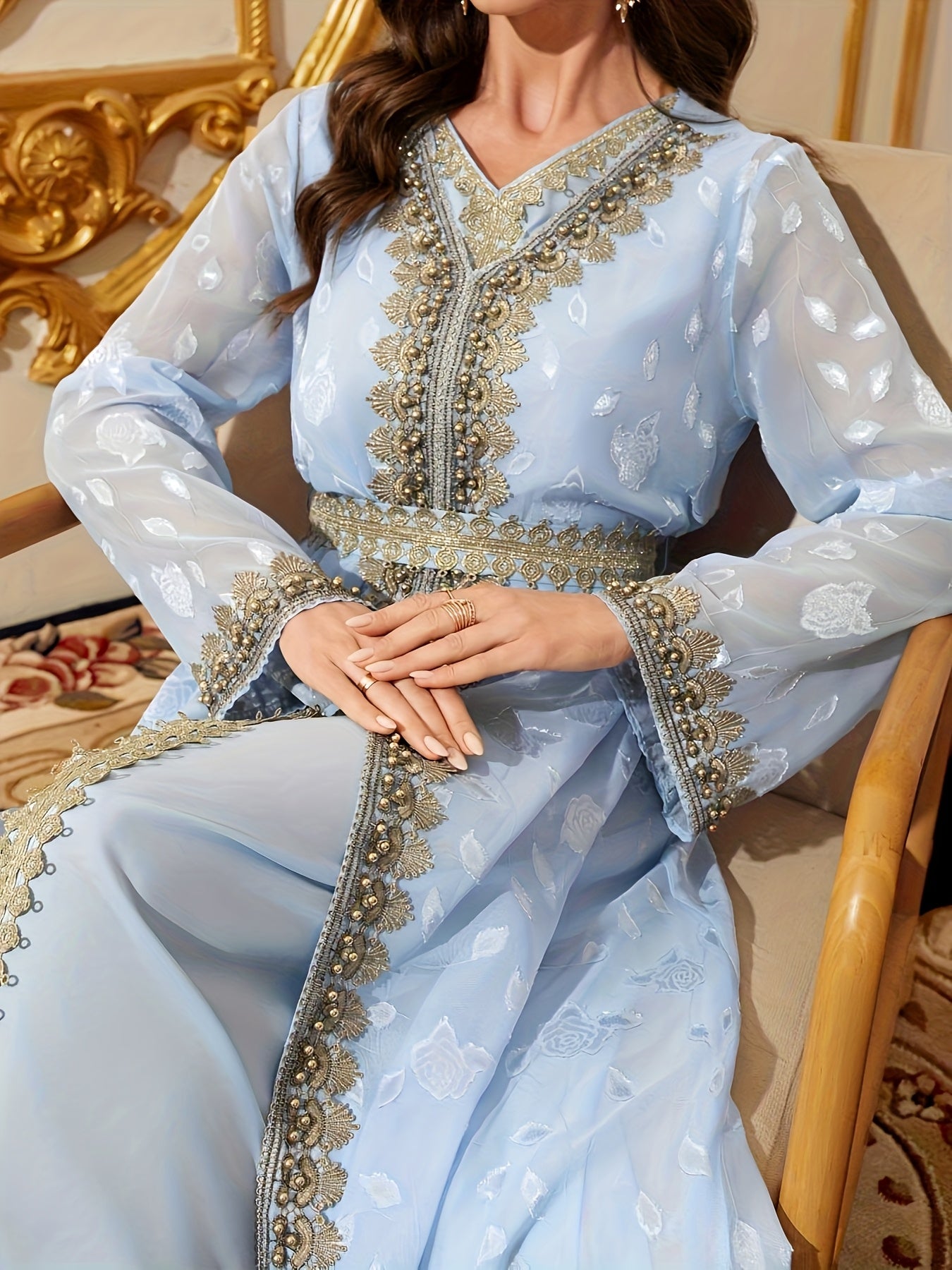 Long Sleeveless V-Neck Abaya Dress | Women's Middle Eastern Arabian Lace-Trimmed with Golden Embroidery & Adjustable Waist Belt | Modern Silklike Fabric for Festive Performances, Weddings