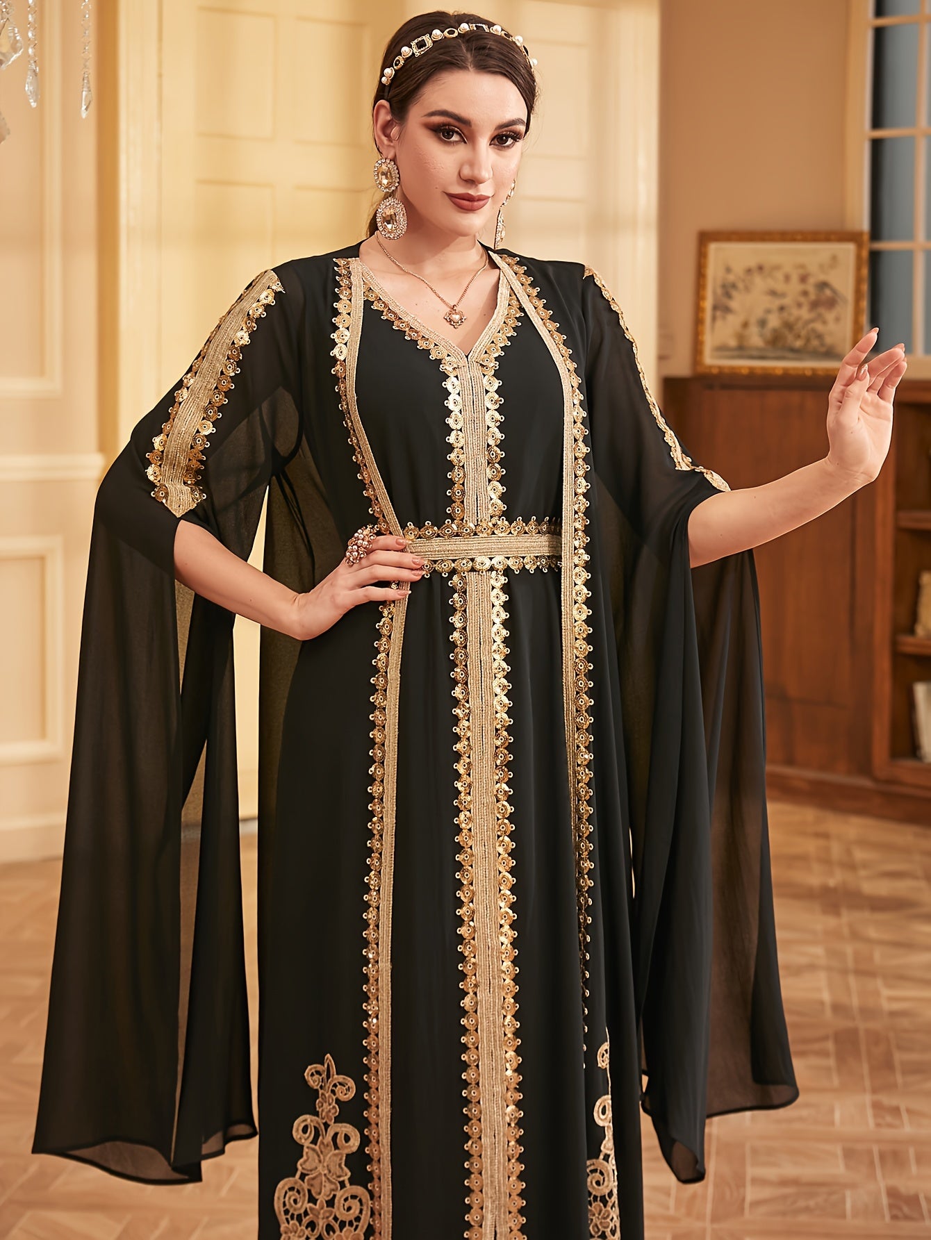 Two-piece Set: Fashion Embroidered Vest with Waist Cincher and Long Skirt + Cardigan with Sequins and Split Long Sleeves Abaya Gown Dress