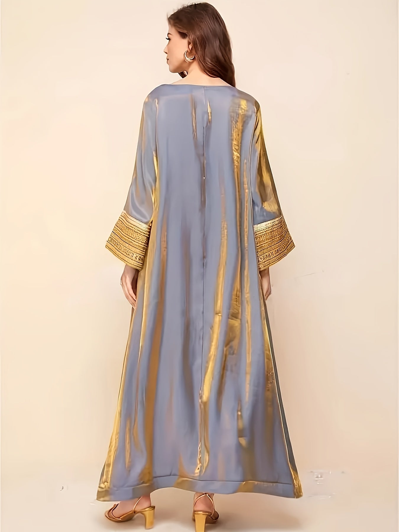 Elegant Long-Sleeve Baju Abaya | Golden Lace Accents, Reflective, Loose Fit, Round Neck, Perfect for Spring/Fall, Women's Fashion, Fall Fashion
