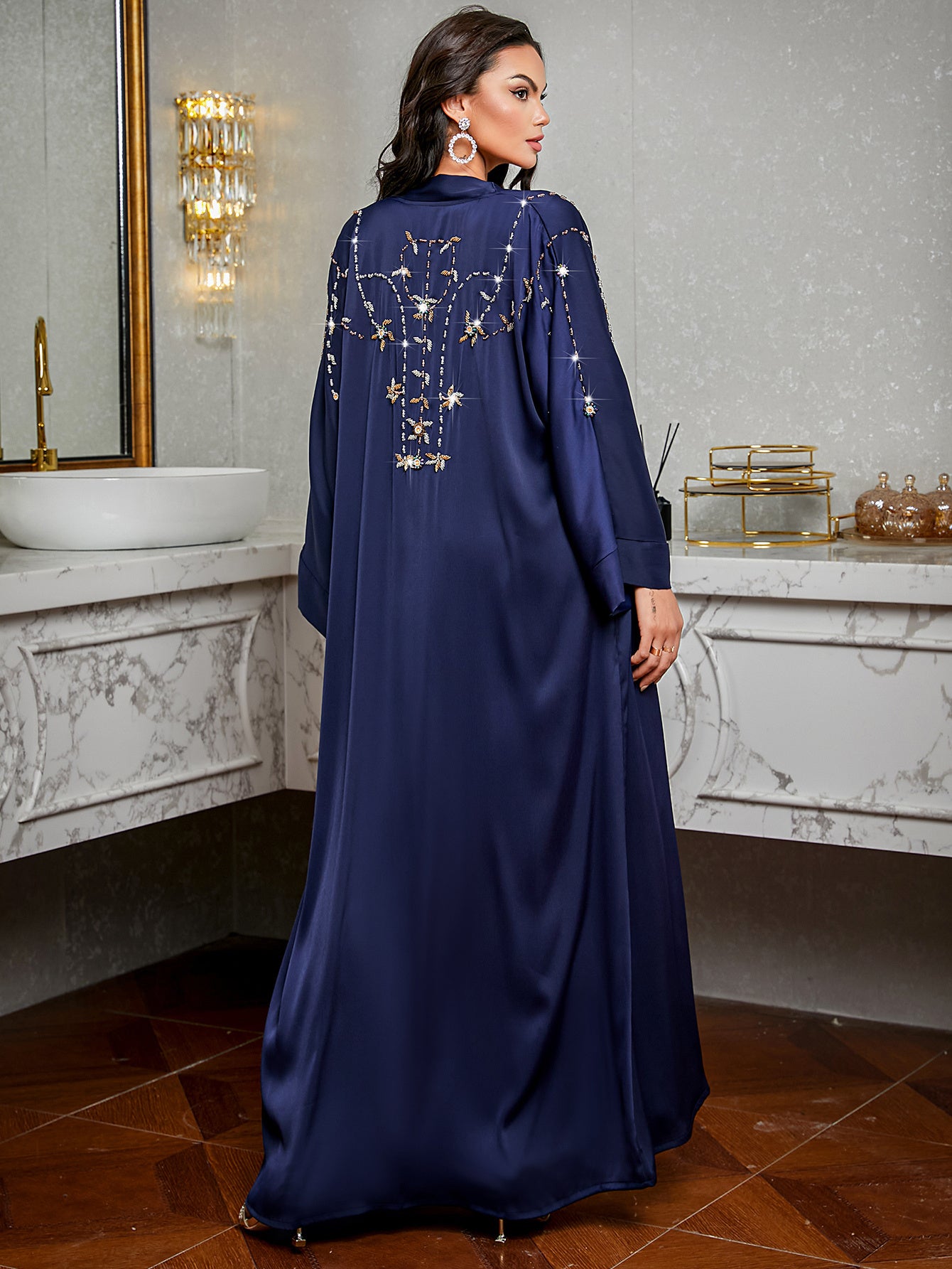 Elegant Green & White Long Tunic Dress with Beaded Detail - Casual Turkish Abaya Style, Long Sleeve, Floor-Length, Perfect for Spring/Summer, Casual Summer Wear | Elegant Long Dress | Texture