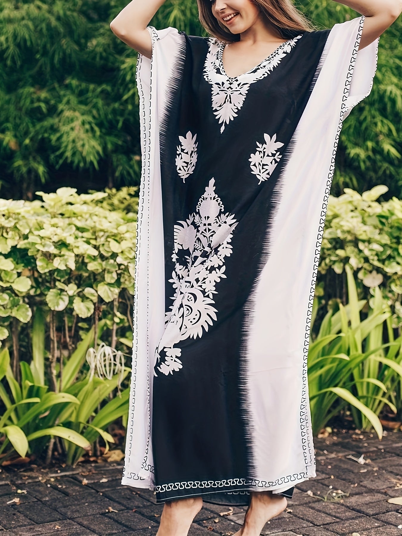 Women's Summer Floral Print Swimsuit Cover Up, Casual V-Neck Half Sleeve Midi Kaftan Beach Dress, Polyester Spandex Blend, Loose Fit with Side Split