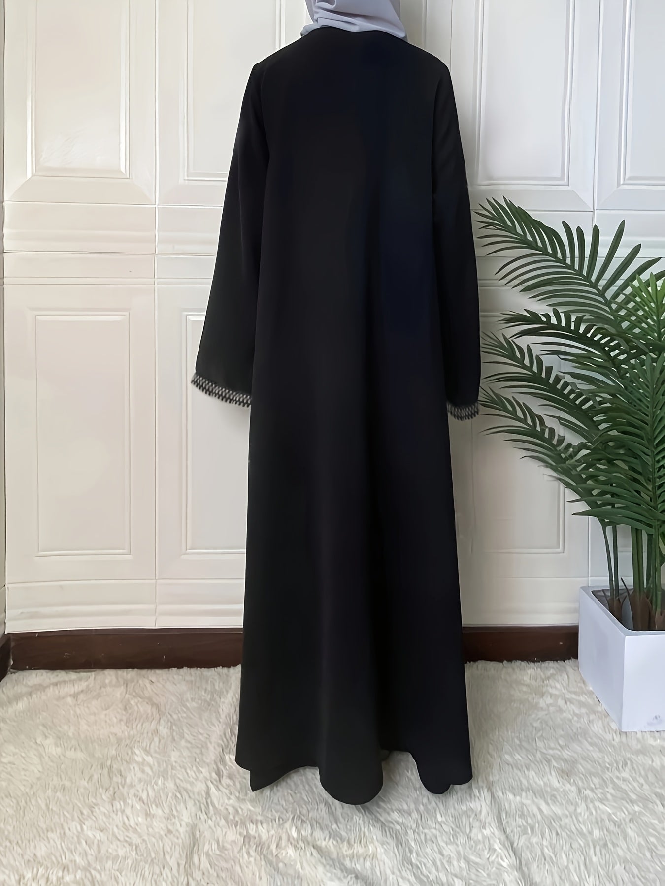 Women's Lightweight Breathable Black Abaya - Open Front Long Tunic with Golden-Tone Button Details, Casual Middle Eastern Dress for All Seasons, No Headscarf or Underwear Included