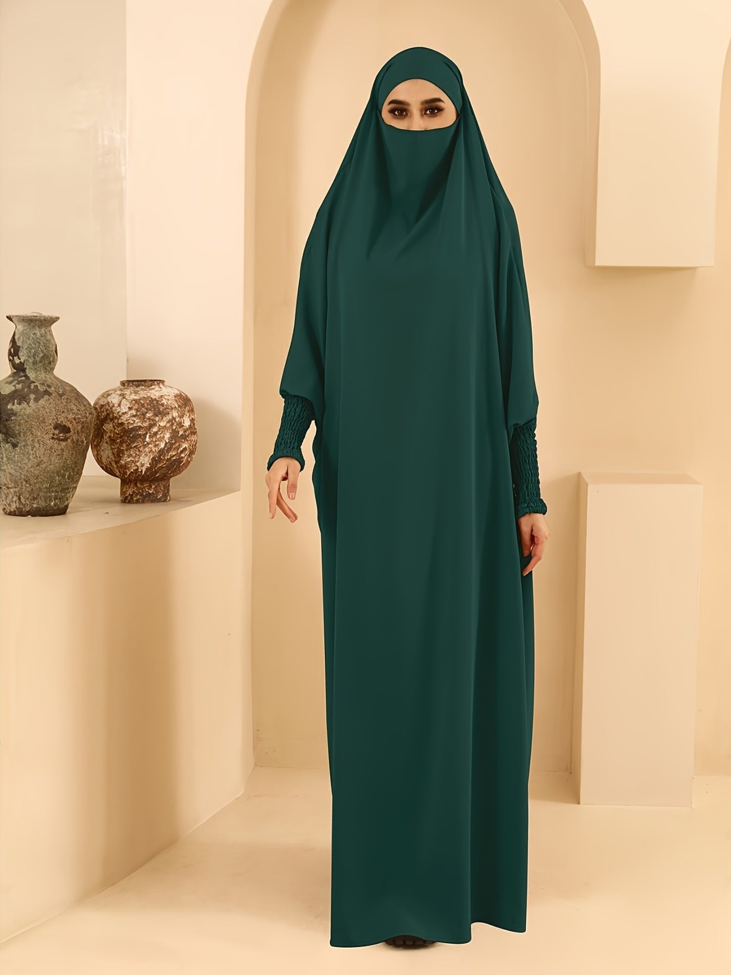 Women's Long Sleeve Abaya Dress - Loose Fit Solid Blue Kraft Style with Frill Hem