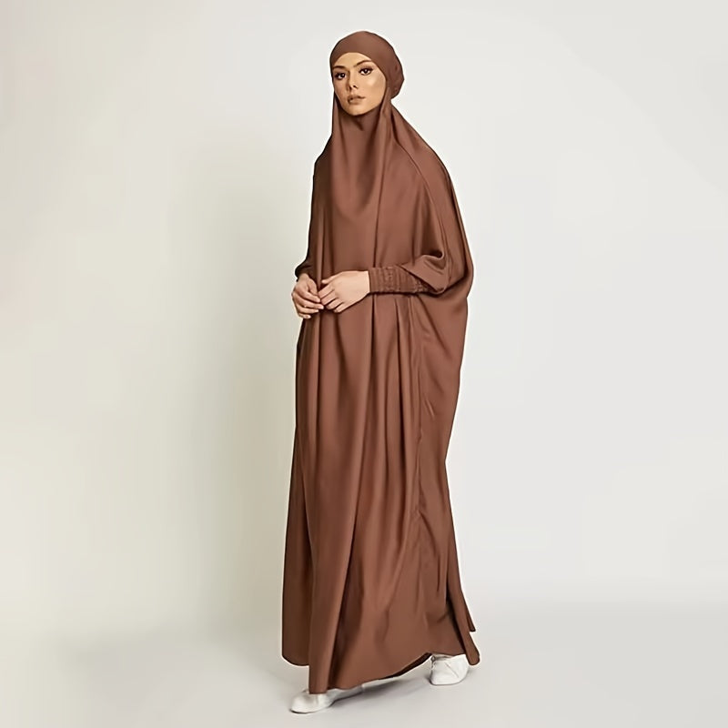 Long Sleeve Solid Color Jibab Abaya - Women's Traditional Arabian Polyester Robe with Tie Back, 95% Polyester 5% Elastane, 135g/m² - Muslim Nida Hijab Dress
