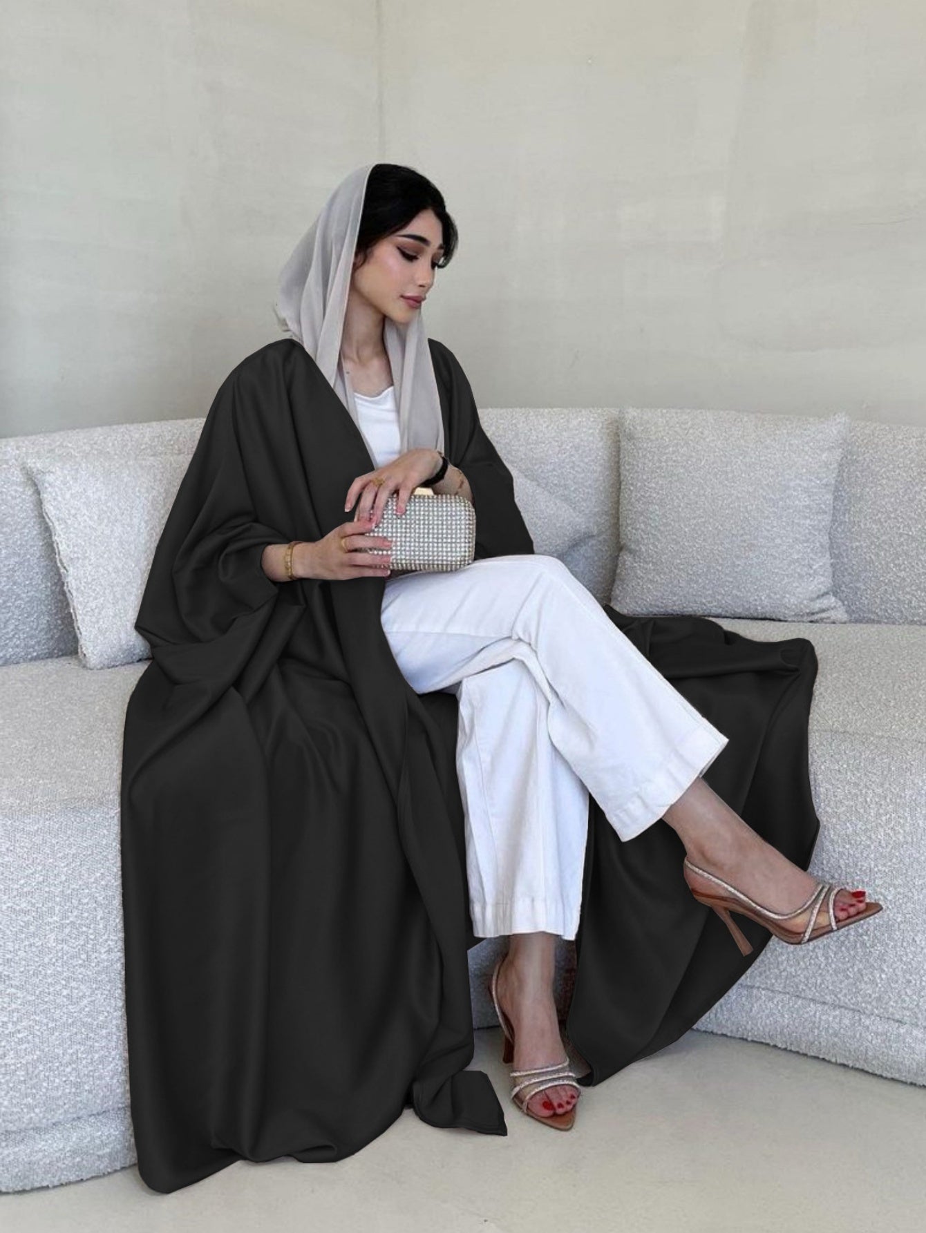 Elegant Middle Eastern Muslim Women's Long Sleeve Abaya Dress - Soft Lightweight Non-Stretch Fabric with Adjustable Waist Belt, Floor-Length Modest Robe for Spring/Summer, Hand Wash Only