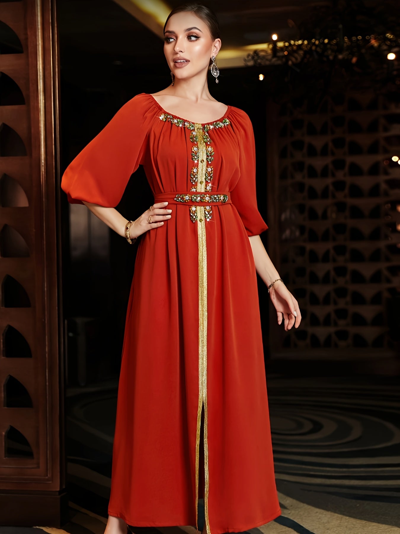 High-End Hand-Sewn Orange-Red Emirati Abaya with Diamond Design for Middle Eastern Gatherings And Festive Occasions.