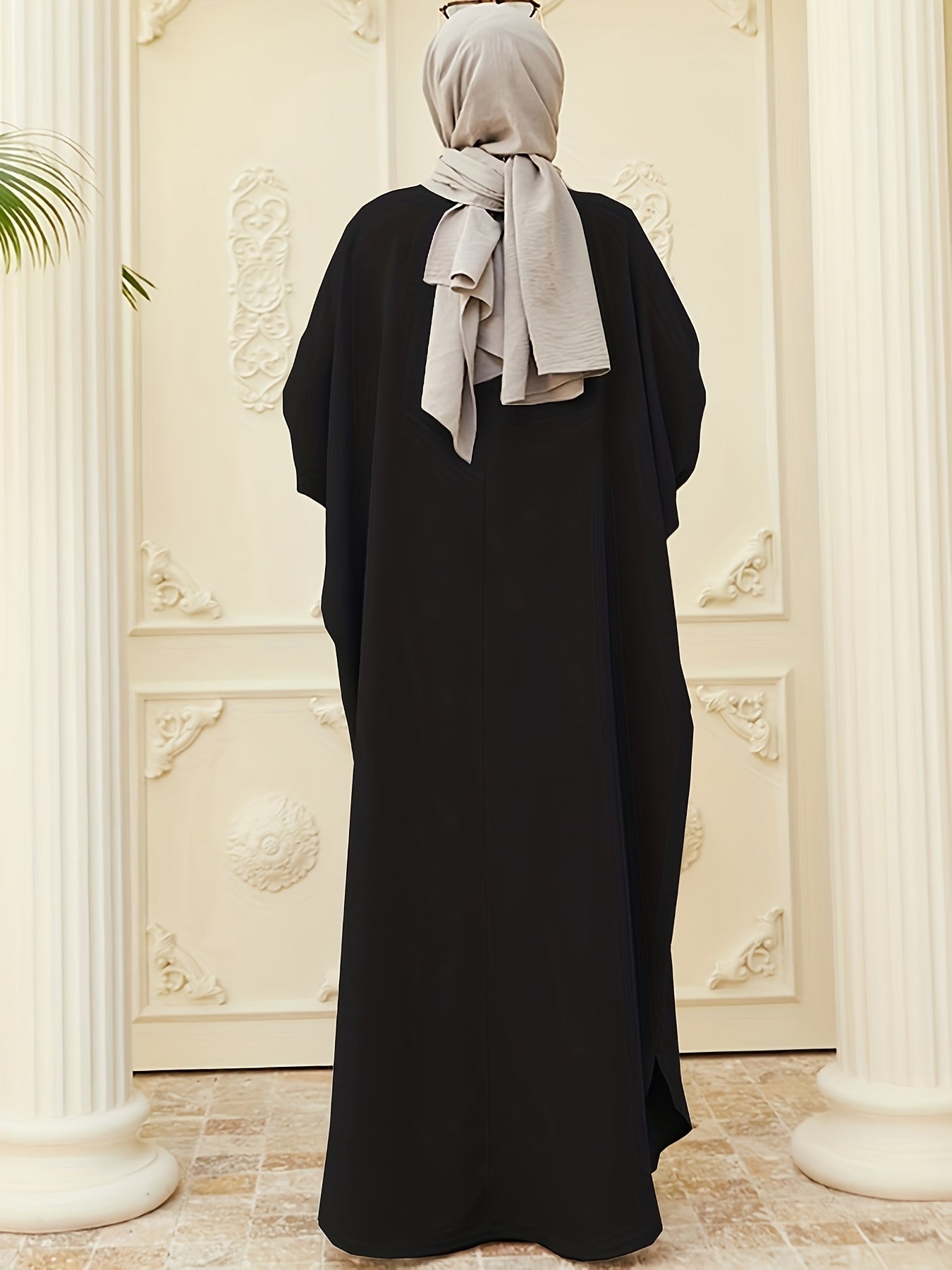 Ramadan Modest Batwing Sleeve Kaftan Abaya - Solid Black Loose Fit Maxi Dress with Slit Hem & Button Front, Non-Stretch Fabric for Women, All-Season Versatile Abaya