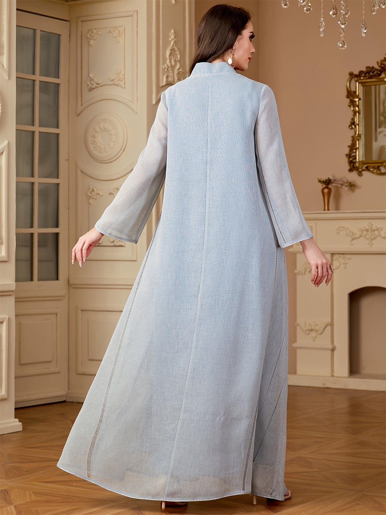 Ramadan Muslim Women's Fashion Beading Emirati Abaya Dubai Notched Stand Collar Dresses Mesh Sleeve Kebaya Casual Loose Clothing
