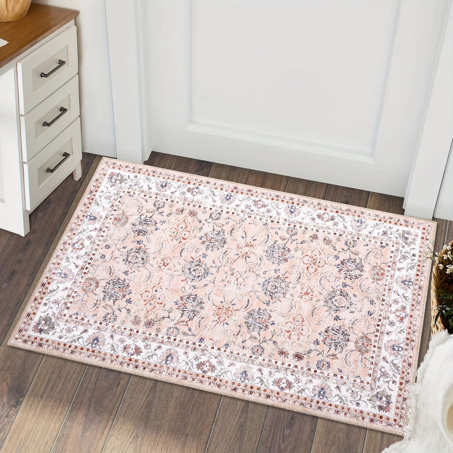 Vintage Floral Rug Washable Area Rug Distressed Entryway Rug Doormat Foldable Indoor Rug Doormat Non-Slip Rug Home Decor Rug For Living Room Bedroom Kitchen Laundry Room Entryway