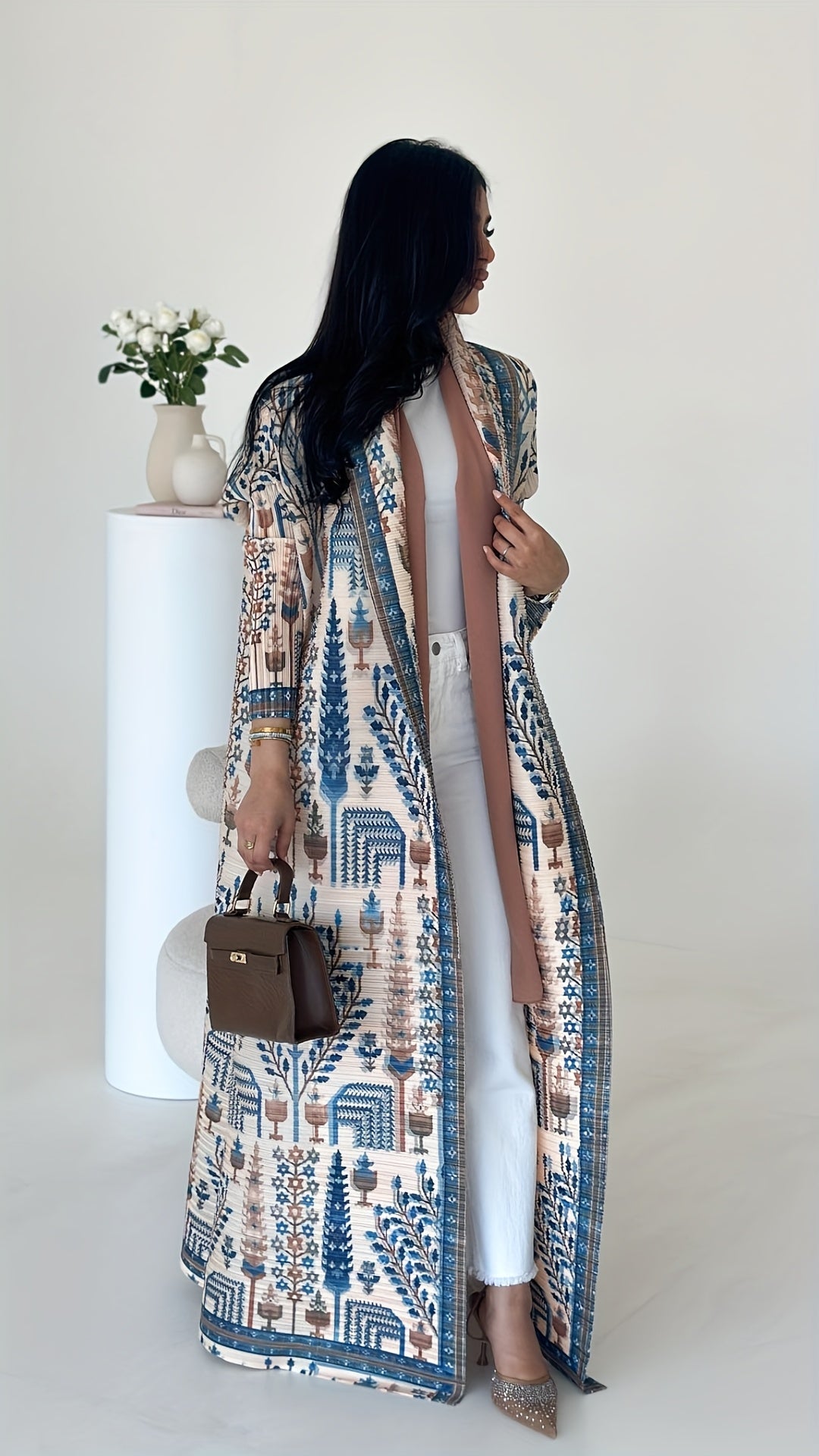 Elegant Palace-Style Geometric Print Robe - Lightweight High-Stretch Polyester Open-Front Abaya with Adjustable Drawstring Waist, Long A-Line Loose Fit for Spring/Autumn