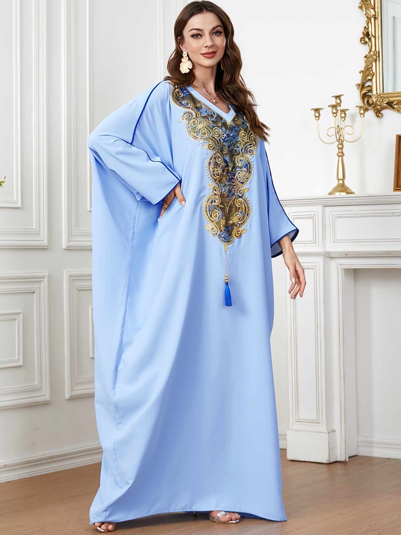 Women's Embroidered Batwing Sleeve Kaftan Abaya, 100% Polyester, Long Sleeve, Solid Color, Non-Stretch, Loose Fit, All Seasons, Woven, 155 g/m² - Middle Eastern Style