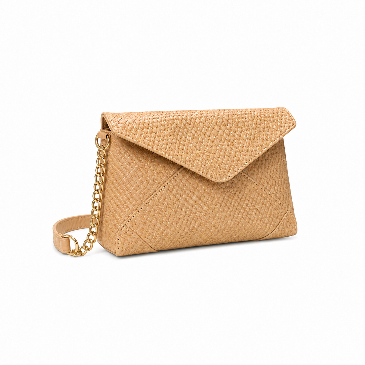 Beige Woven Gold Chain Crossbody Bag