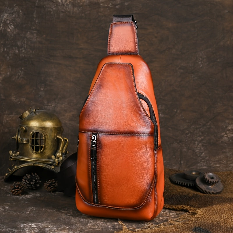 Men's Vintage Genuine Leather Chest Bag - Large Capacity Casual Messenger Shoulder Bag with Zipper Closure, Outdoor Shoulder Bag | Retro Style Bag