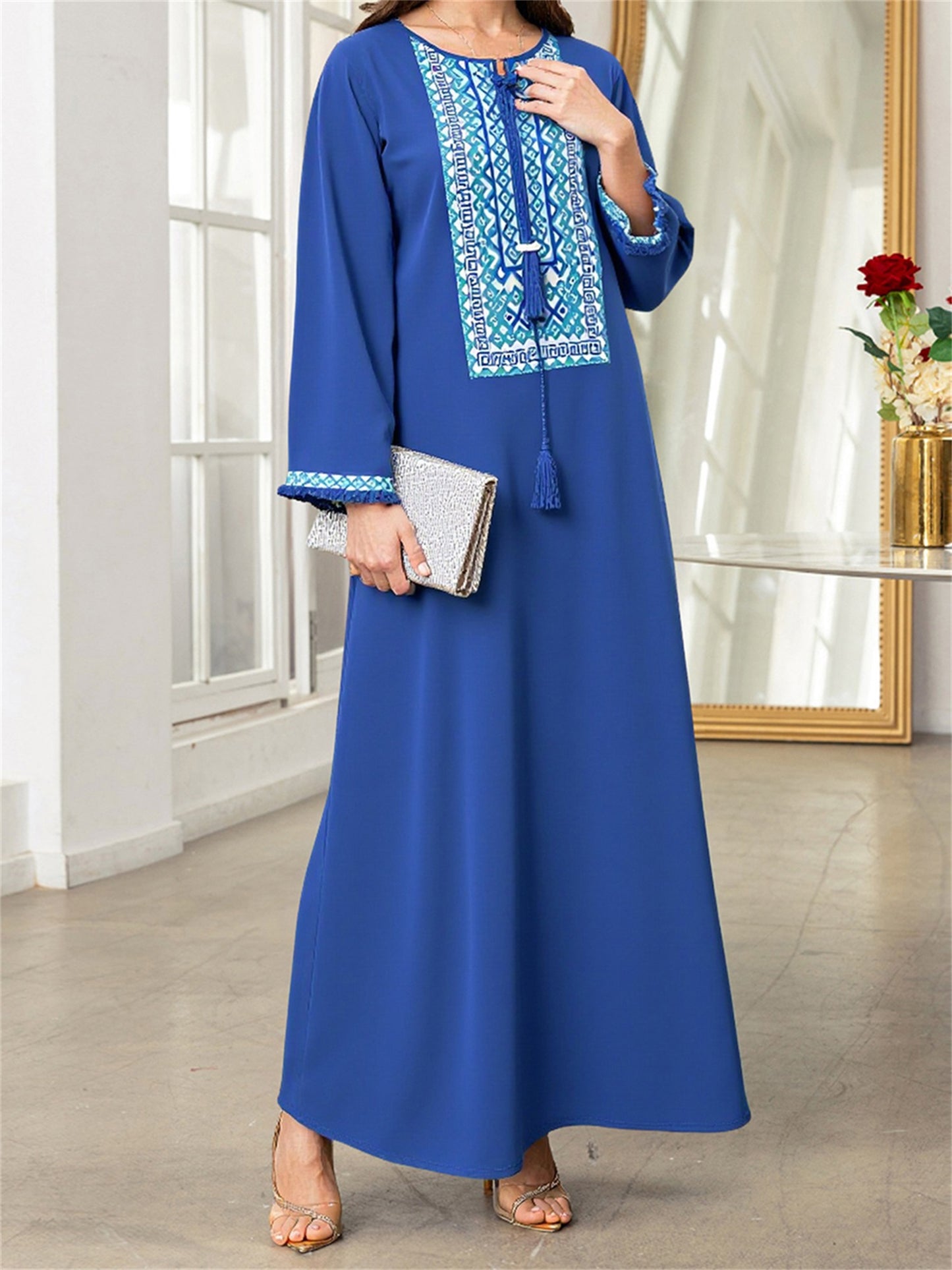 Women's Vintage Turkish Abaya Dress - Loose Fit Tie-Up Tassel Round Neck Long Sleeve Geometric Print 100% Polyester Machine Washable All-Season Casual Outdoor Wear