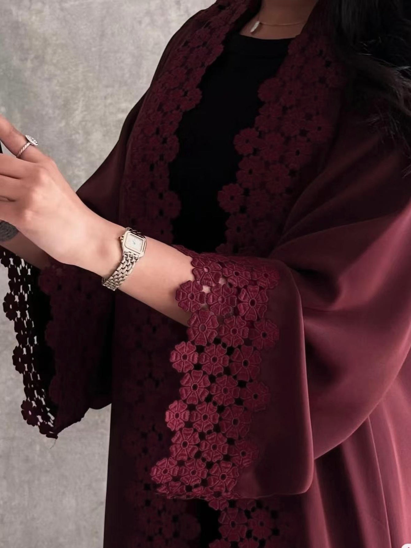 Elegant Women's Red Abaya Robe with Intricate Lace Detailing - Long Sleeve, Open Front, Loose Fit for Spring, Summer, and Fall - Perfect for Casual or Formal Occasions, Cultural Attire, Flowing Garment