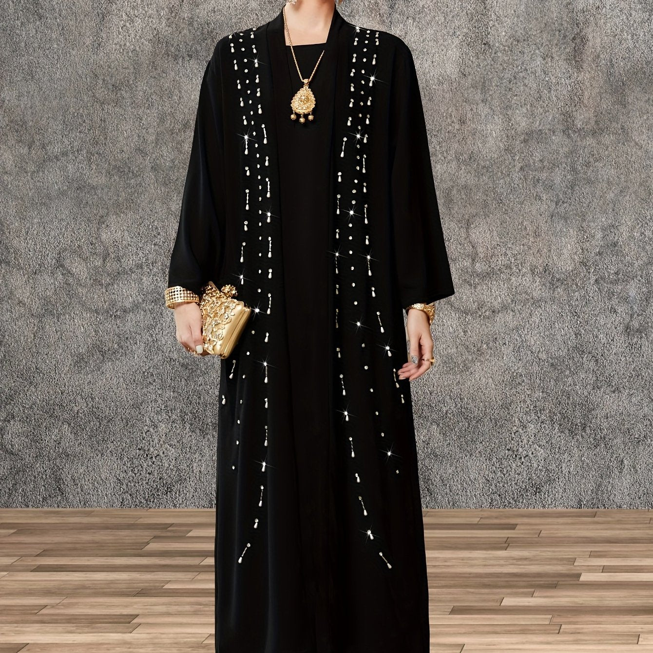 Elegant Black Maxi Kaftan Cardigan with Pearl Accents - Long Sleeve, Open Front Abaya, Polyester, Non-Stretch Fabric for Women | Ideal for Middle Eastern Style & Travel Outfits