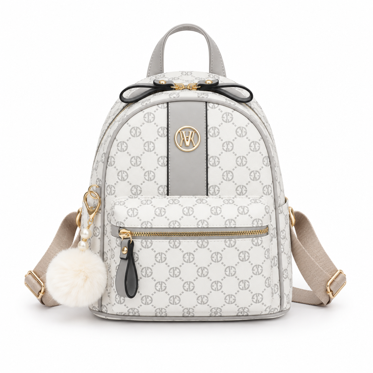 Elegant White Monogram Backpack With PomPom