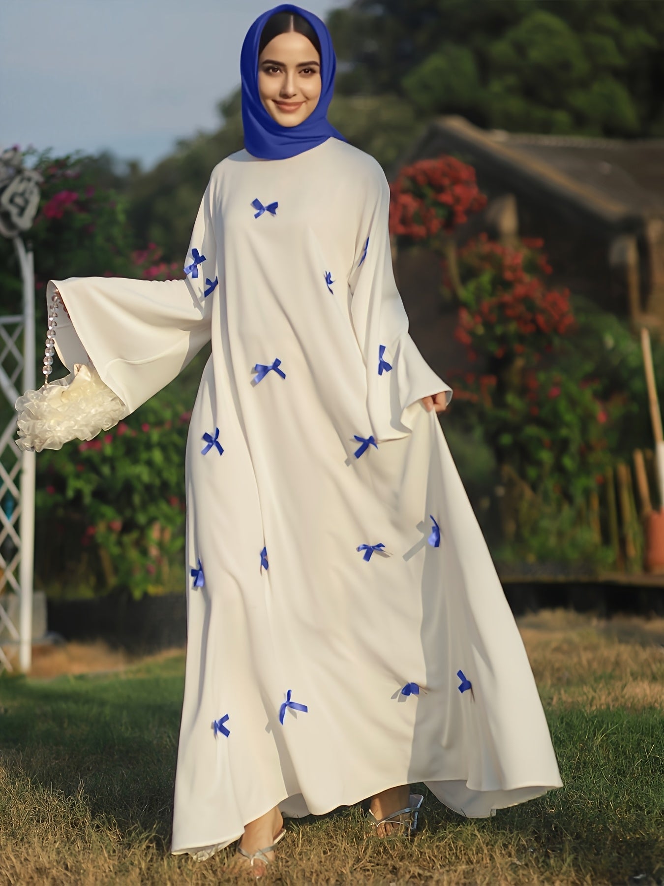 Butterfly Bow Abayas Elegant Long Robe Set, Including Dress and Headscarf