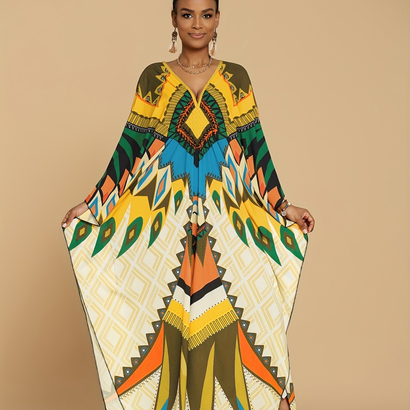 Women's Kaftan Dresses Geometric Patterns Floral Prints Beach Cover Up Chest Casual Home Vacation Ethnic Kaftan Robe Cover Up Batwing Sleeve Elegant Dress