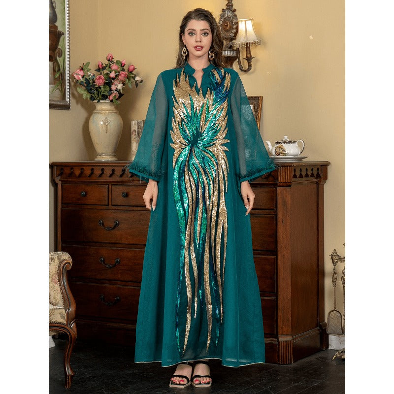 Women's Elegant Islamic Abaya Robe -Modern Long Sleeve V-Neck Islamic Dress with Floor-Length Coverage, Formal & Everyday Muslim Gown for Weddings, Eid - Modest Muslim Clothing